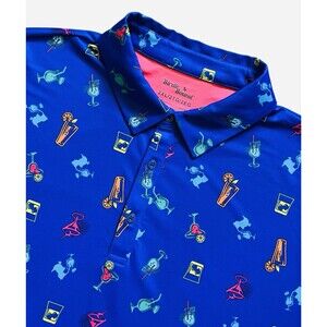 BIRDIE BOUND Blue Cocktail Print Golf Polo Shirt Performance Stretch Fun 2XL NWT